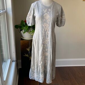 Johnny Was Gray Midi Dress with Cream Floral Embroidery